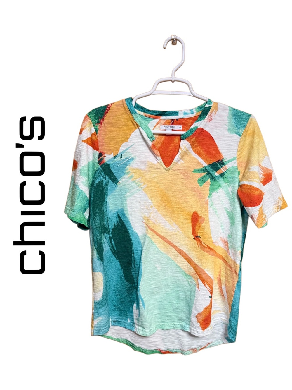 ☀️🧡 Boutique Tropical Watercolor Chico’s Tee Artsy Resort Summer Top 1X
